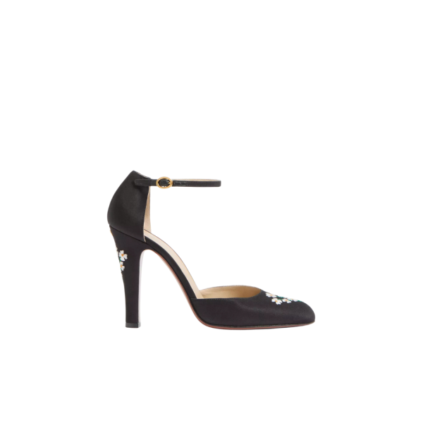 Escarpins Babies VALENTINO Hi Dolly à talon soie noir broderie fleurs bride cheville