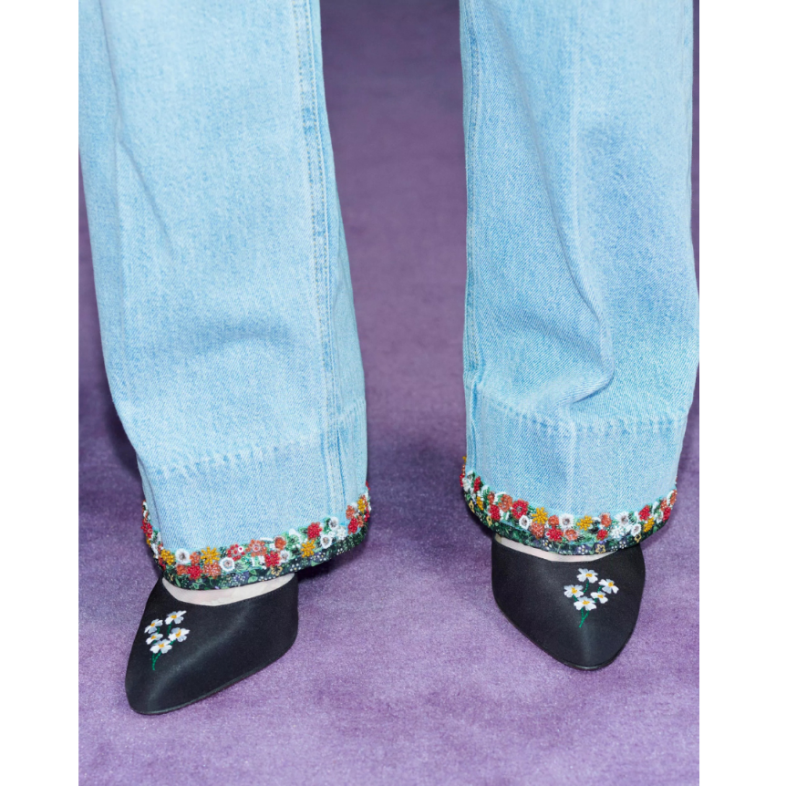 Escarpins Babies VALENTINO Hi Dolly à talon soie noir broderie fleurs bride cheville