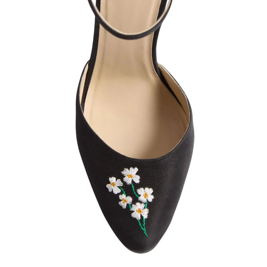 Escarpins Babies VALENTINO Hi Dolly à talon soie noir broderie fleurs bride cheville