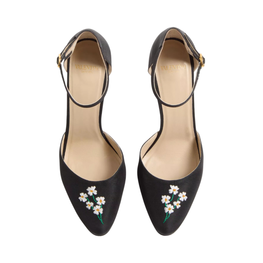 Escarpins Babies VALENTINO Hi Dolly à talon soie noir broderie fleurs bride cheville