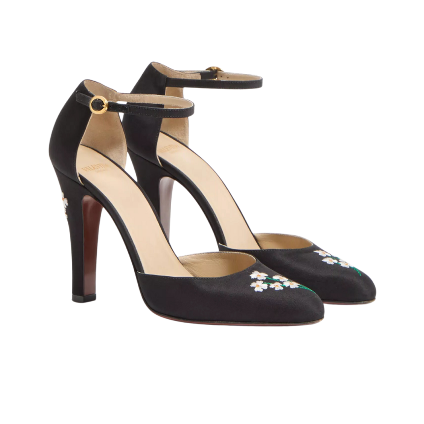 Escarpins Babies VALENTINO Hi Dolly à talon soie noir broderie fleurs bride cheville