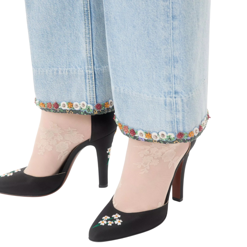 Escarpins Babies VALENTINO Hi Dolly à talon soie noir broderie fleurs bride cheville