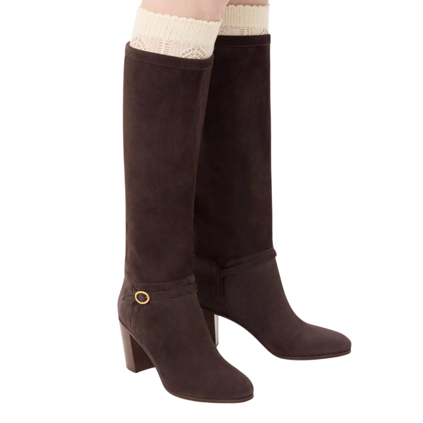 Bottes VALENTINO Pattie daim marron boucle talon VLogo Signature doré