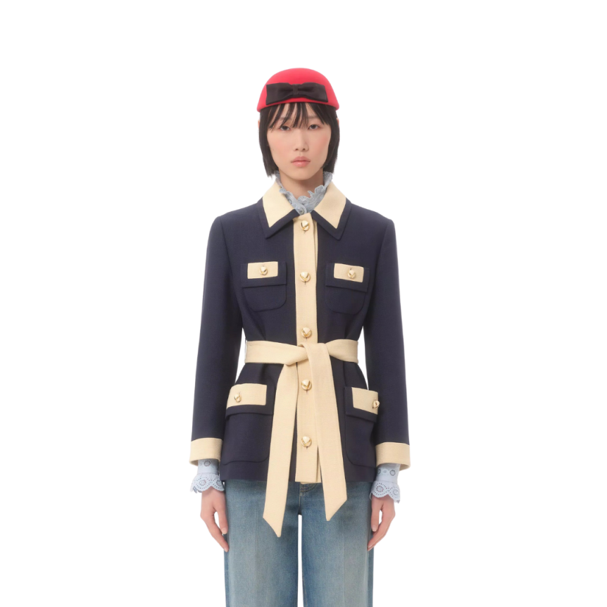 Veste Caban VALENTINO viscose bleu marine bord écru poche plaquée