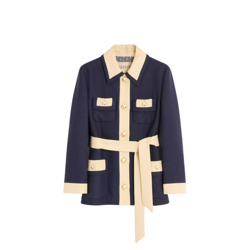 Veste Caban VALENTINO viscose bleu marine bord écru poche plaquée