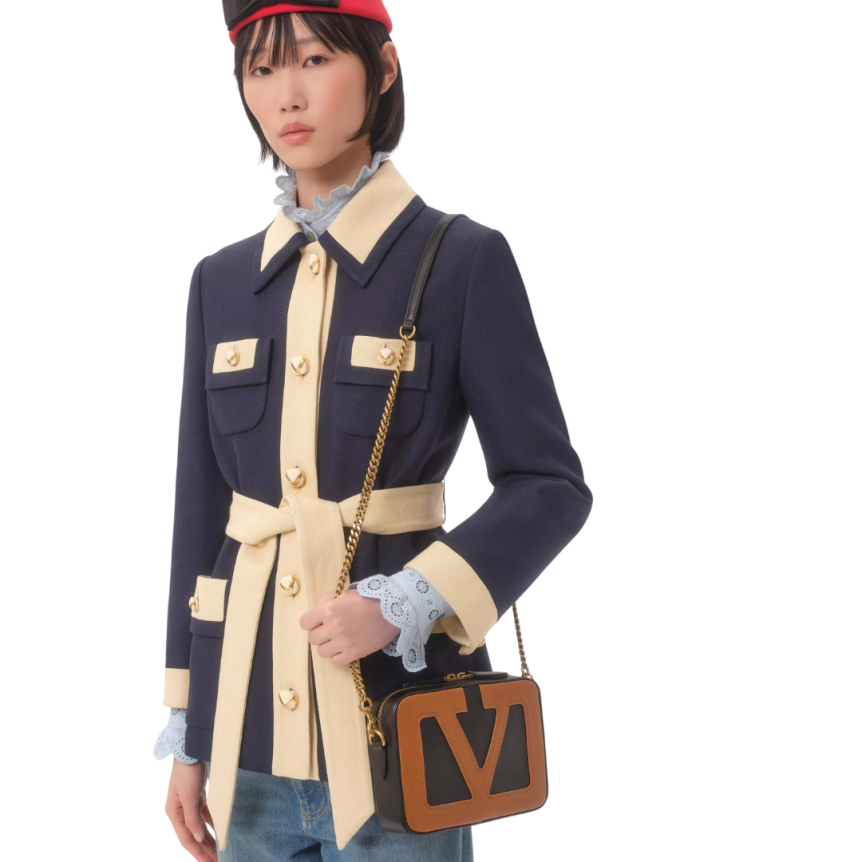 Veste Caban VALENTINO viscose bleu marine bord écru poche plaquée