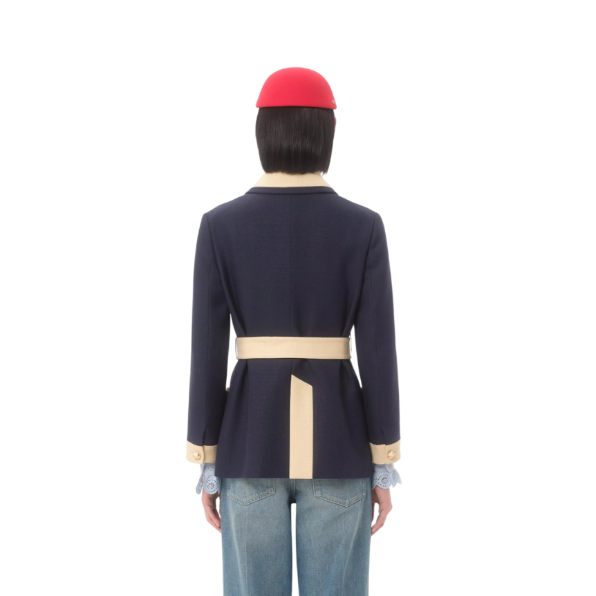 Veste Caban VALENTINO viscose bleu marine bord écru poche plaquée