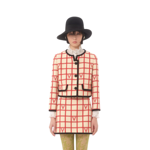 Veste courte VALENTINO col rond laine coton écru à carreaux VLogo rouge
