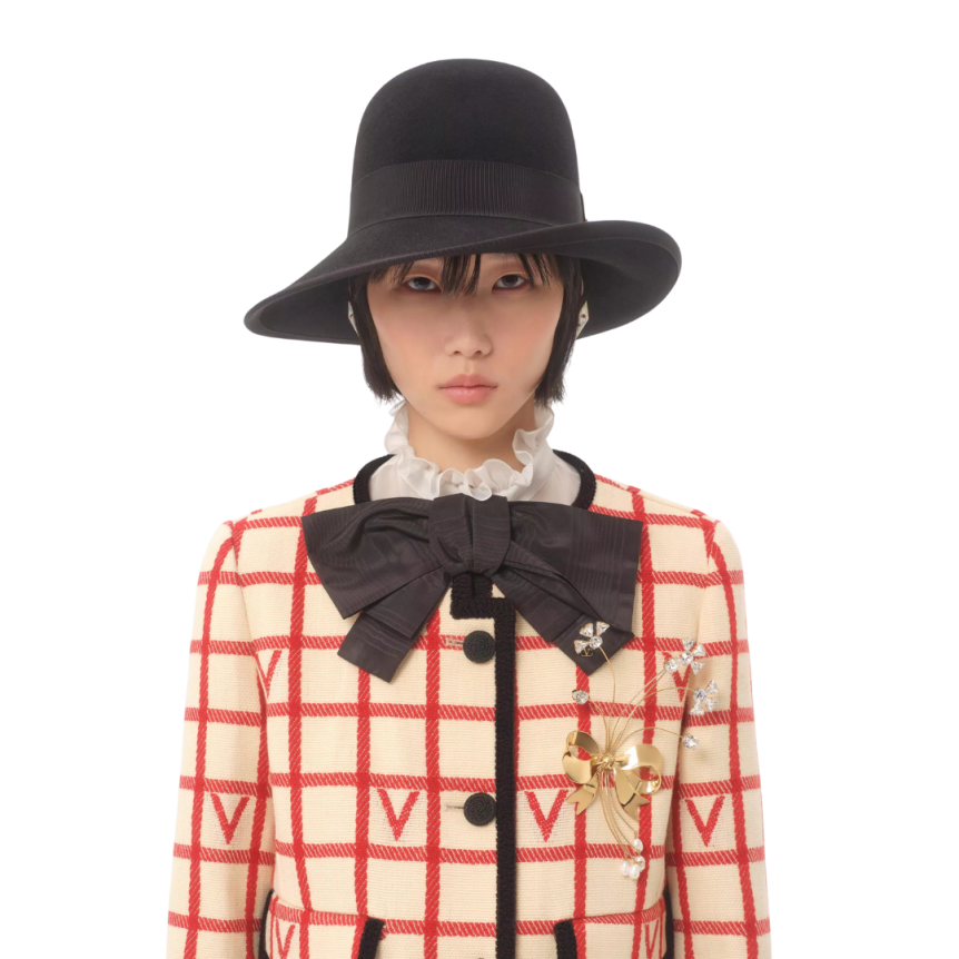 Veste courte VALENTINO col rond laine coton écru à carreaux VLogo rouge