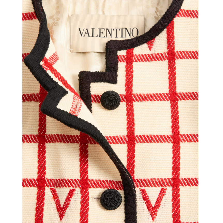Veste courte VALENTINO col rond laine coton écru à carreaux VLogo rouge