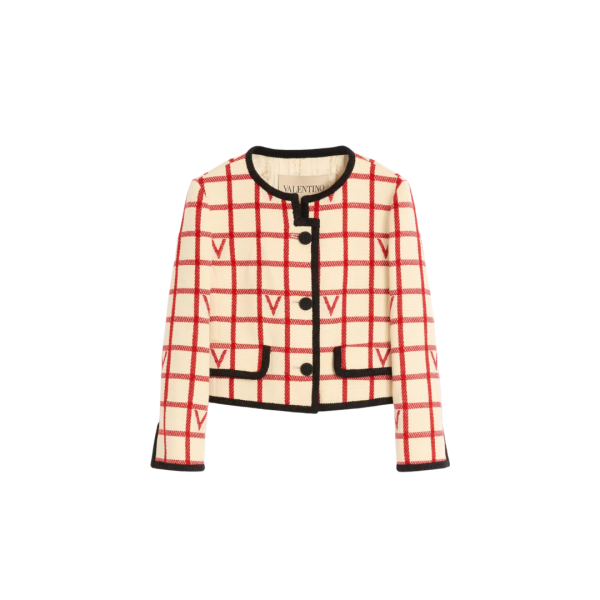 Veste courte VALENTINO col rond laine coton écru à carreaux VLogo rouge