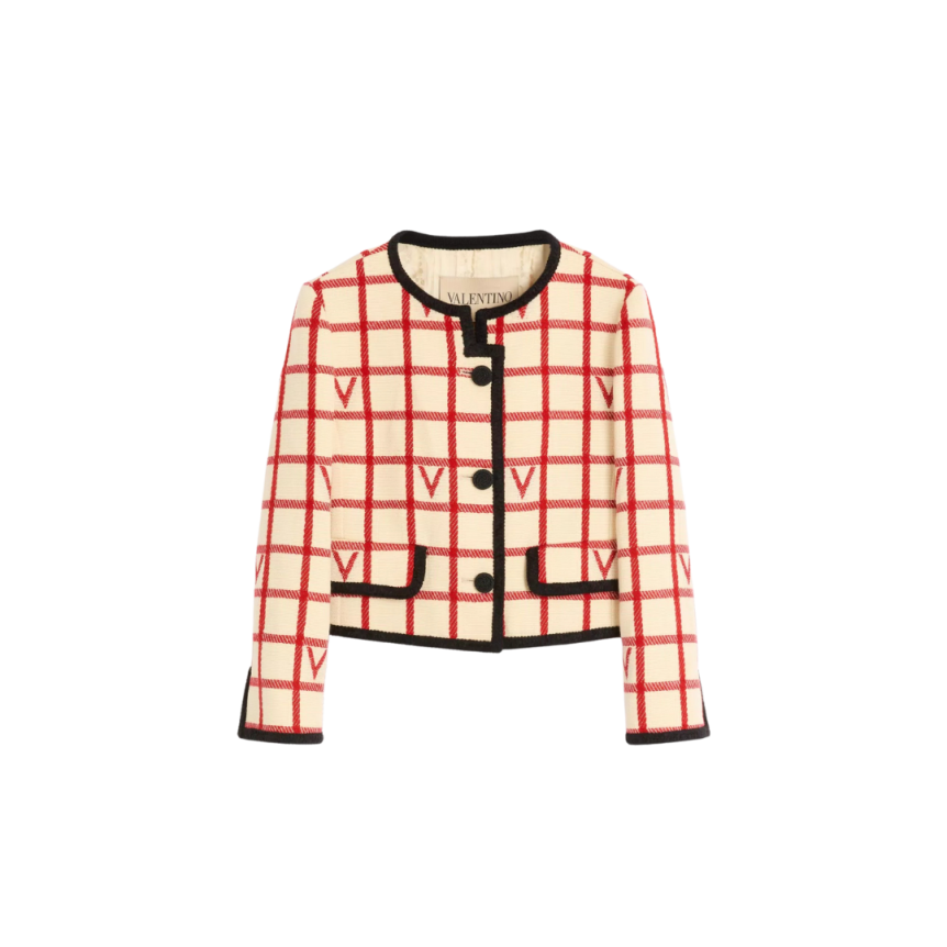 Veste courte VALENTINO col rond laine coton écru à carreaux VLogo rouge