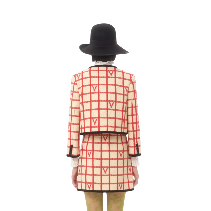 Veste courte VALENTINO col rond laine coton écru à carreaux VLogo rouge