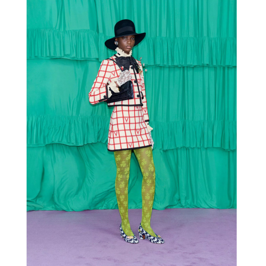 Veste courte VALENTINO col rond laine coton écru à carreaux VLogo rouge