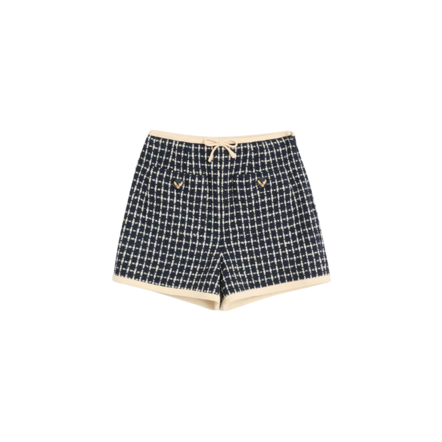 Short bouclé VALENTINO crêpe couture laine coton bleu marine écru