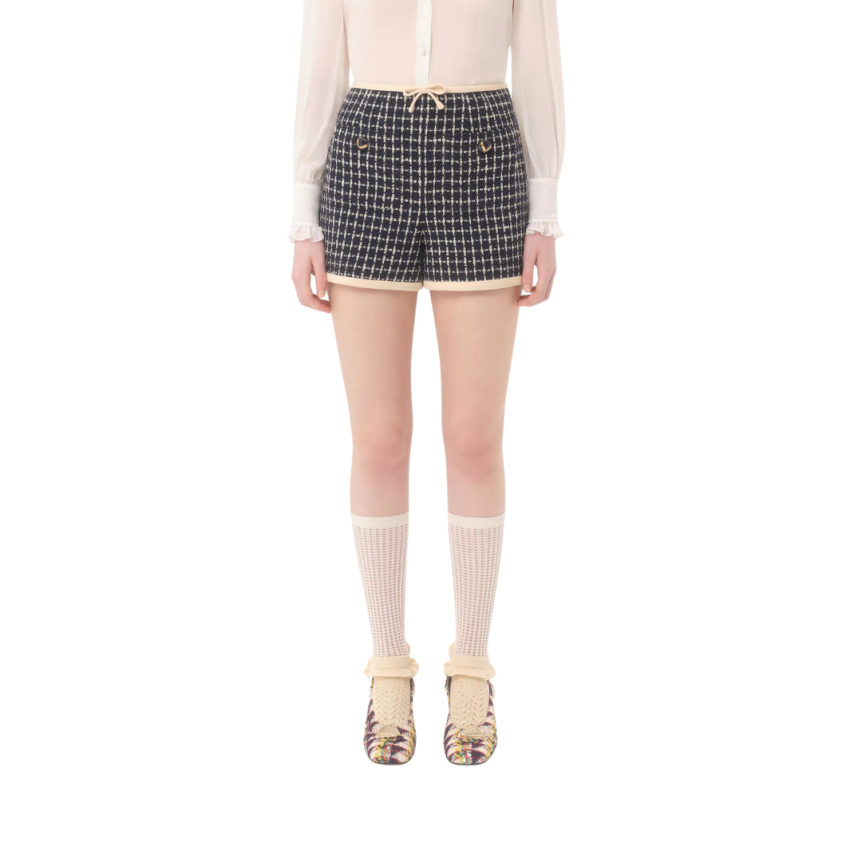 Short bouclé VALENTINO crêpe couture laine coton bleu marine écru