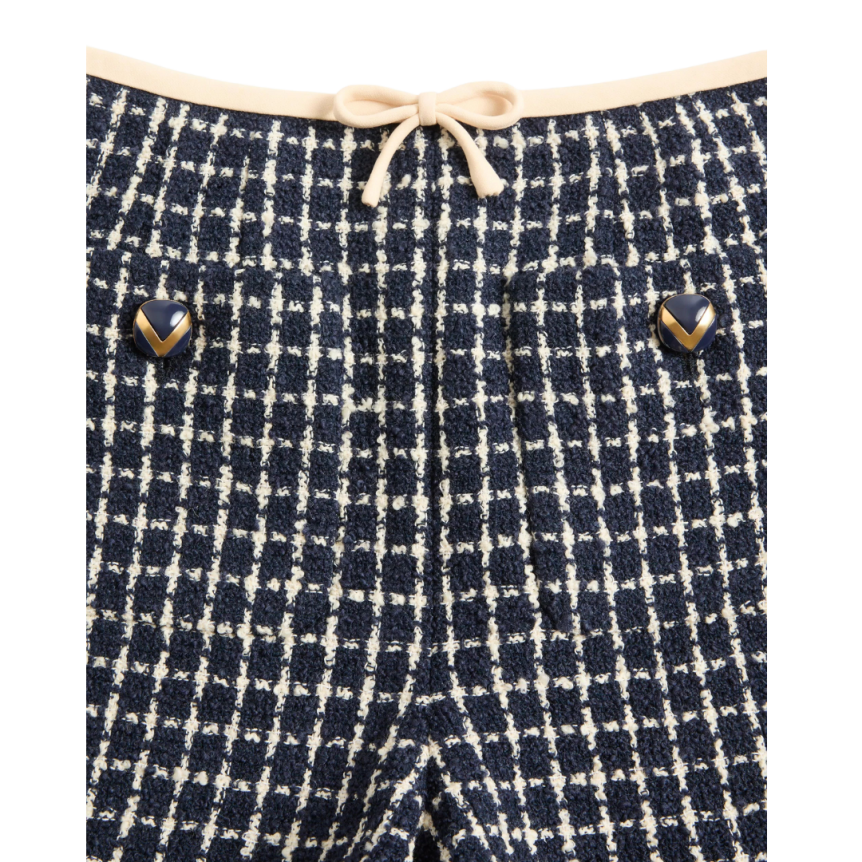Short bouclé VALENTINO crêpe couture laine coton bleu marine écru
