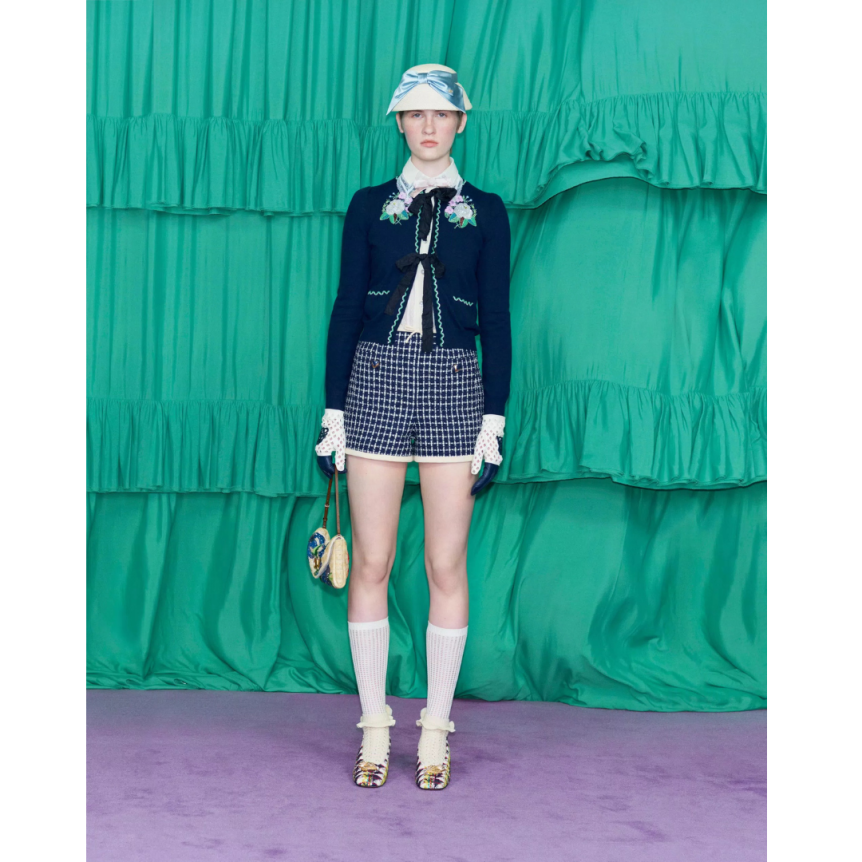 Short bouclé VALENTINO crêpe couture laine coton bleu marine écru