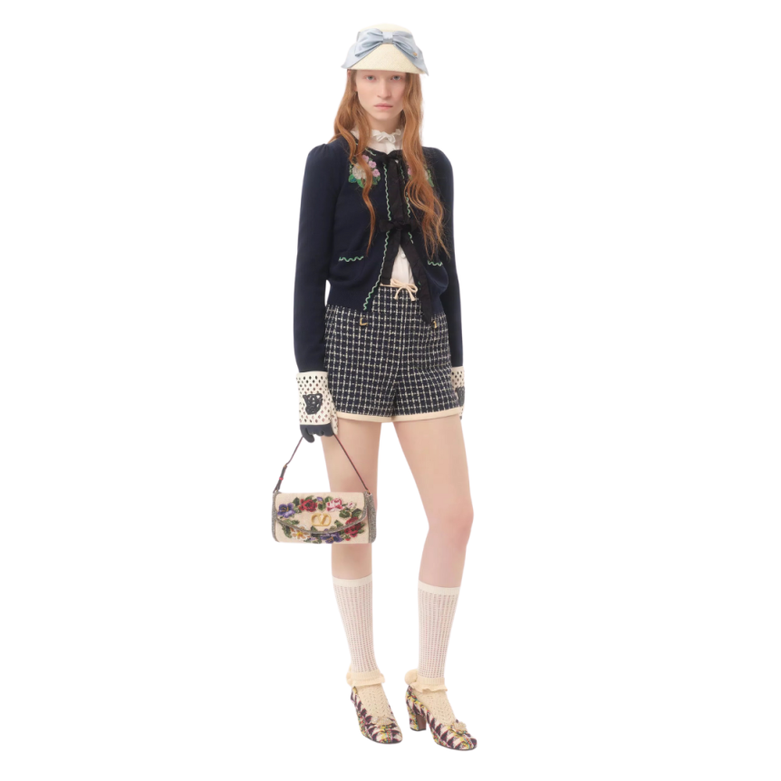 Short bouclé VALENTINO crêpe couture laine coton bleu marine écru