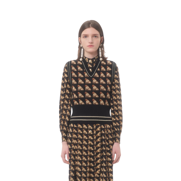 Pull débardeur VALENTINO col V gilet laine jacquard chien Petit Charles