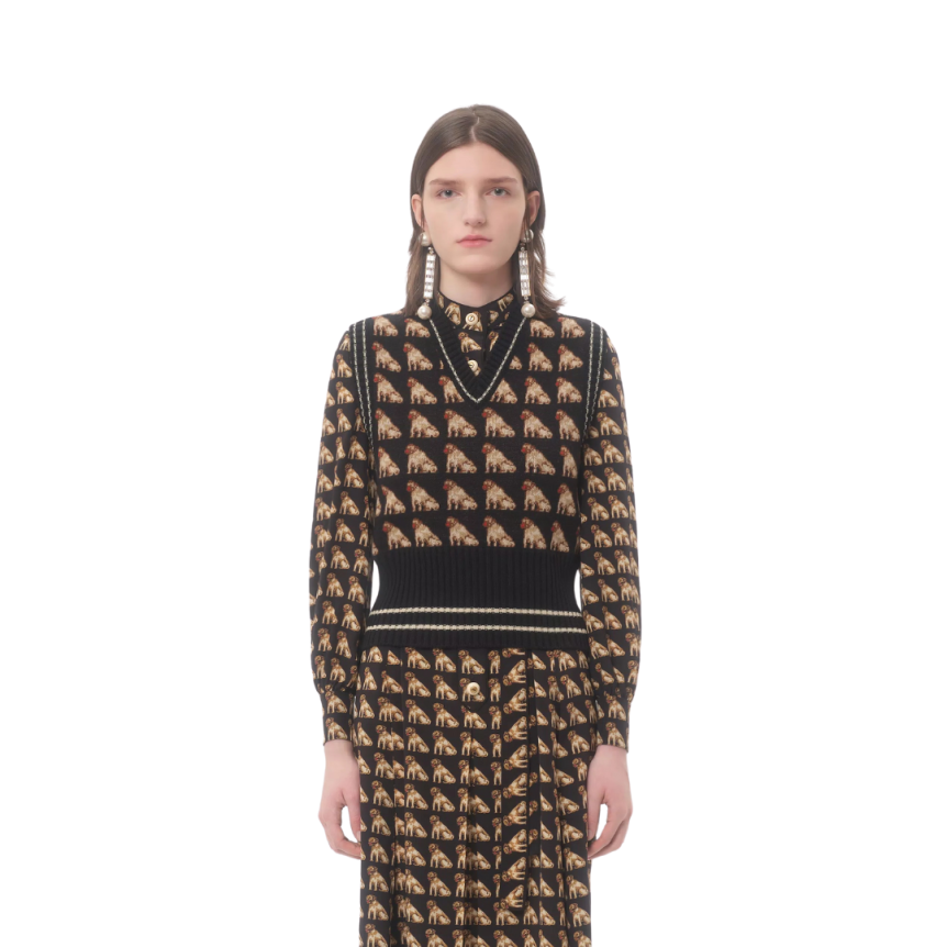 Pull débardeur VALENTINO col V gilet laine jacquard chien Petit Charles