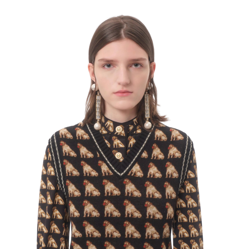 Pull débardeur VALENTINO col V gilet laine jacquard chien Petit Charles