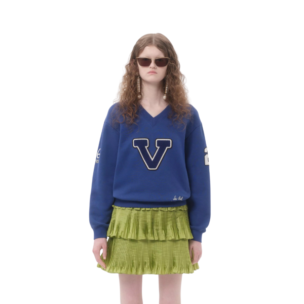 Sweat-shirt col V VALENTINO campus coton bleu broderie Le Chat de La Maison