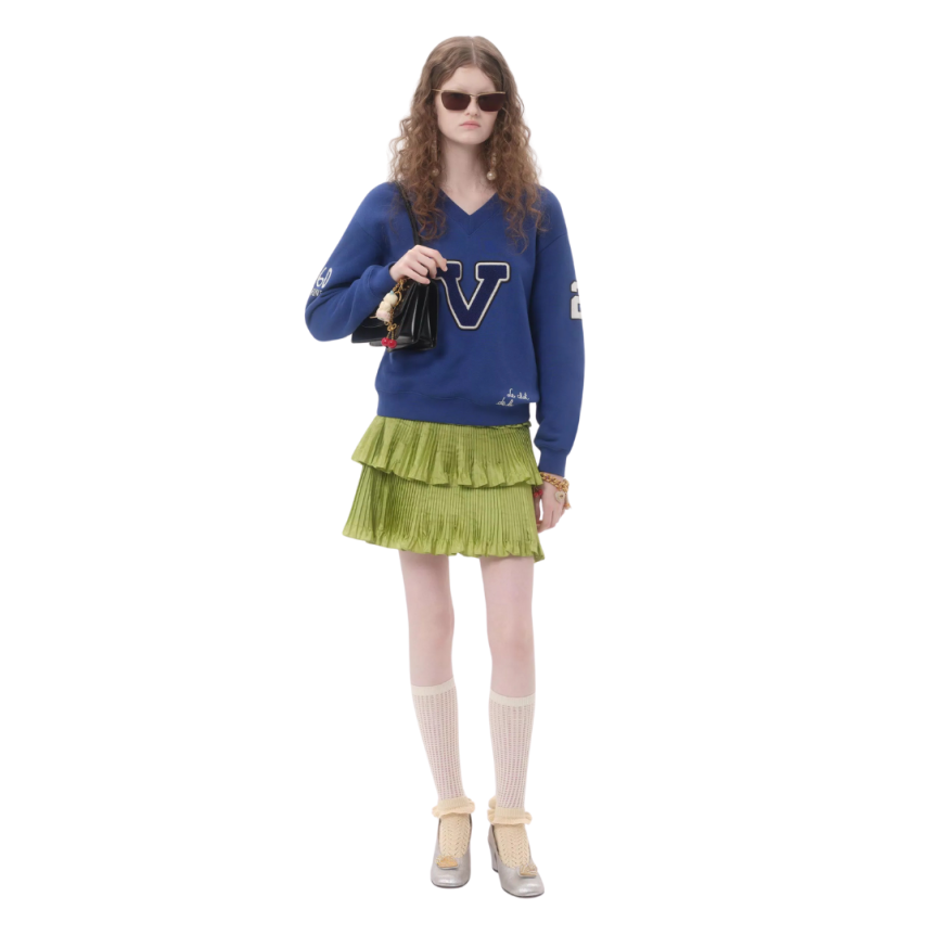 Sweat-shirt col V VALENTINO campus coton bleu broderie Le Chat de La Maison