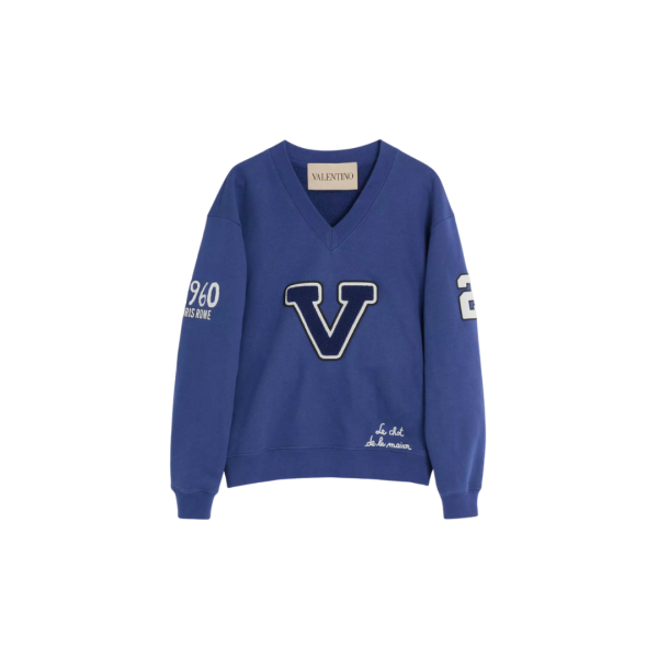 Sweat-shirt col V VALENTINO campus coton bleu broderie Le Chat de La Maison