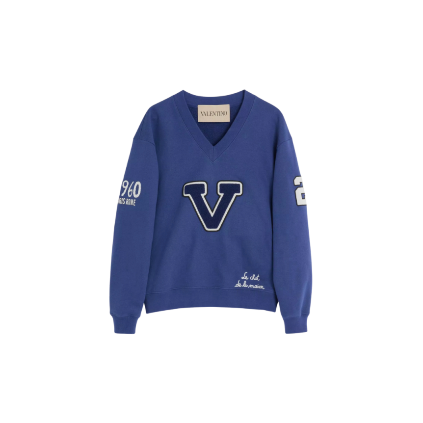 Sweat-shirt col V VALENTINO campus coton bleu broderie Le Chat de La Maison