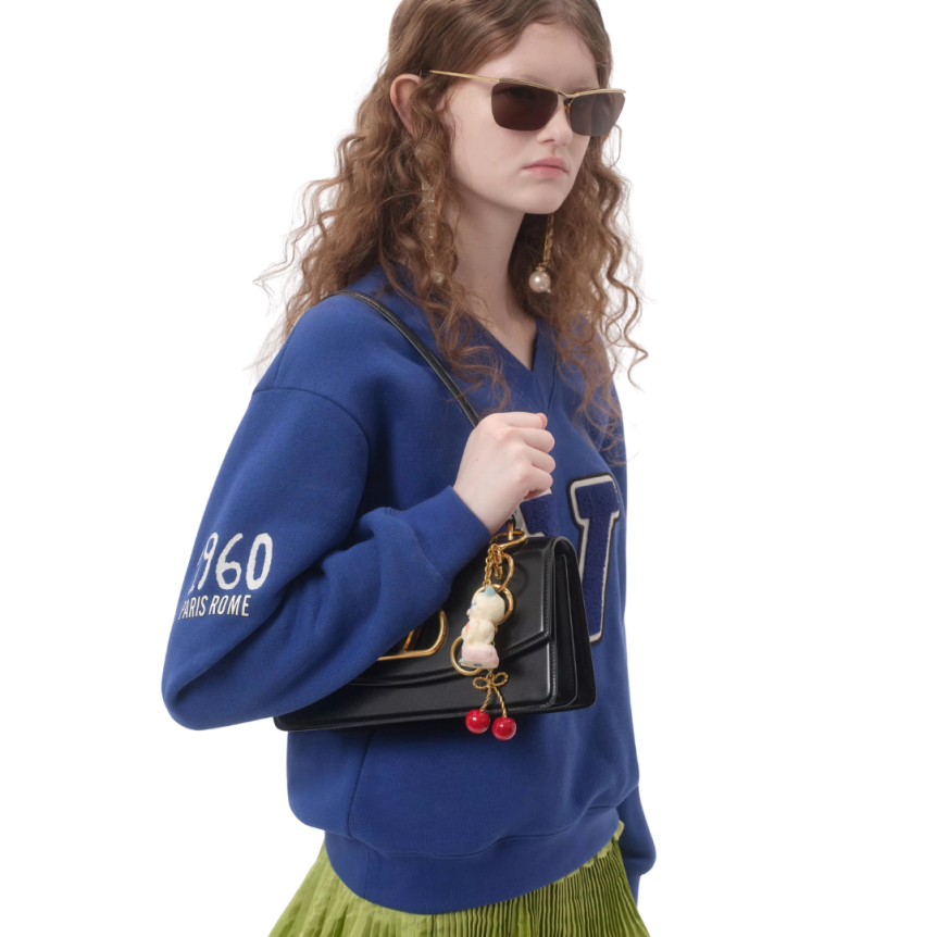 Sweat-shirt col V VALENTINO campus coton bleu broderie Le Chat de La Maison