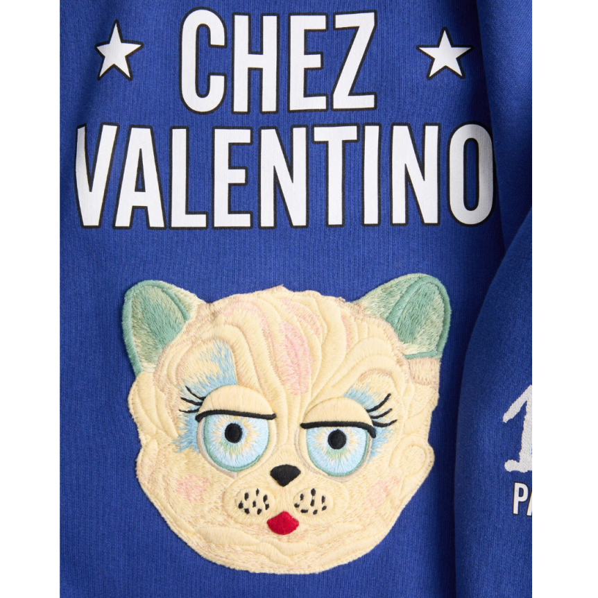 Sweat-shirt col V VALENTINO campus coton bleu broderie Le Chat de La Maison