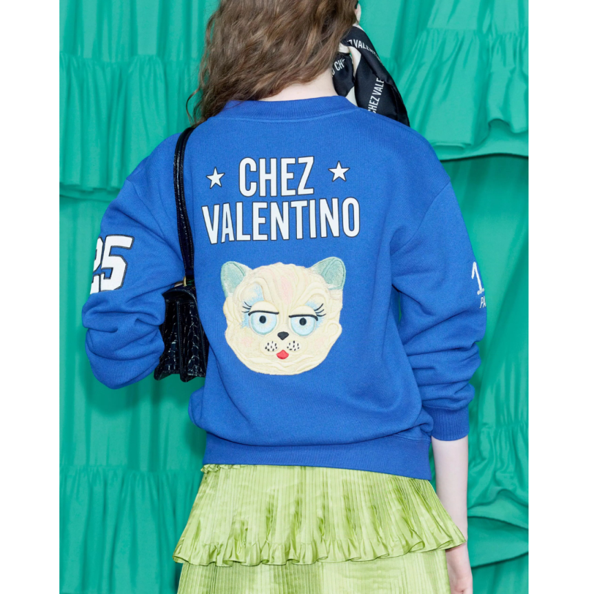 Sweat-shirt col V VALENTINO campus coton bleu broderie Le Chat de La Maison