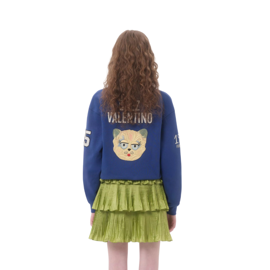 Sweat-shirt col V VALENTINO campus coton bleu broderie Le Chat de La Maison