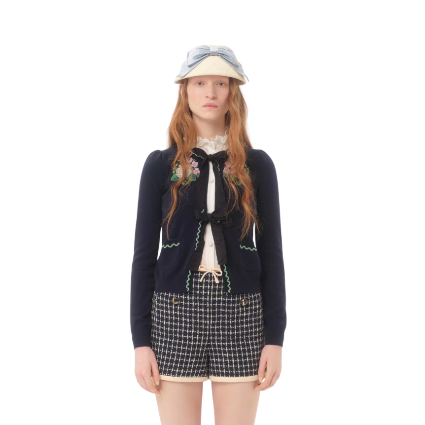 Cardigan VALENTINO col rond nœud laine bleu marine broderie fleurs