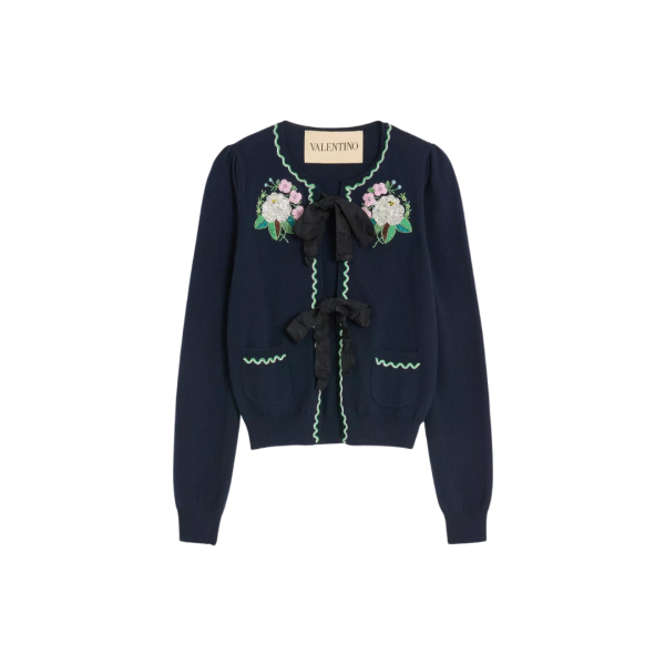 Cardigan VALENTINO col rond nœud laine bleu marine broderie fleurs
