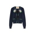 Cardigan col rond nœud laine bleu marine broderie fleurs