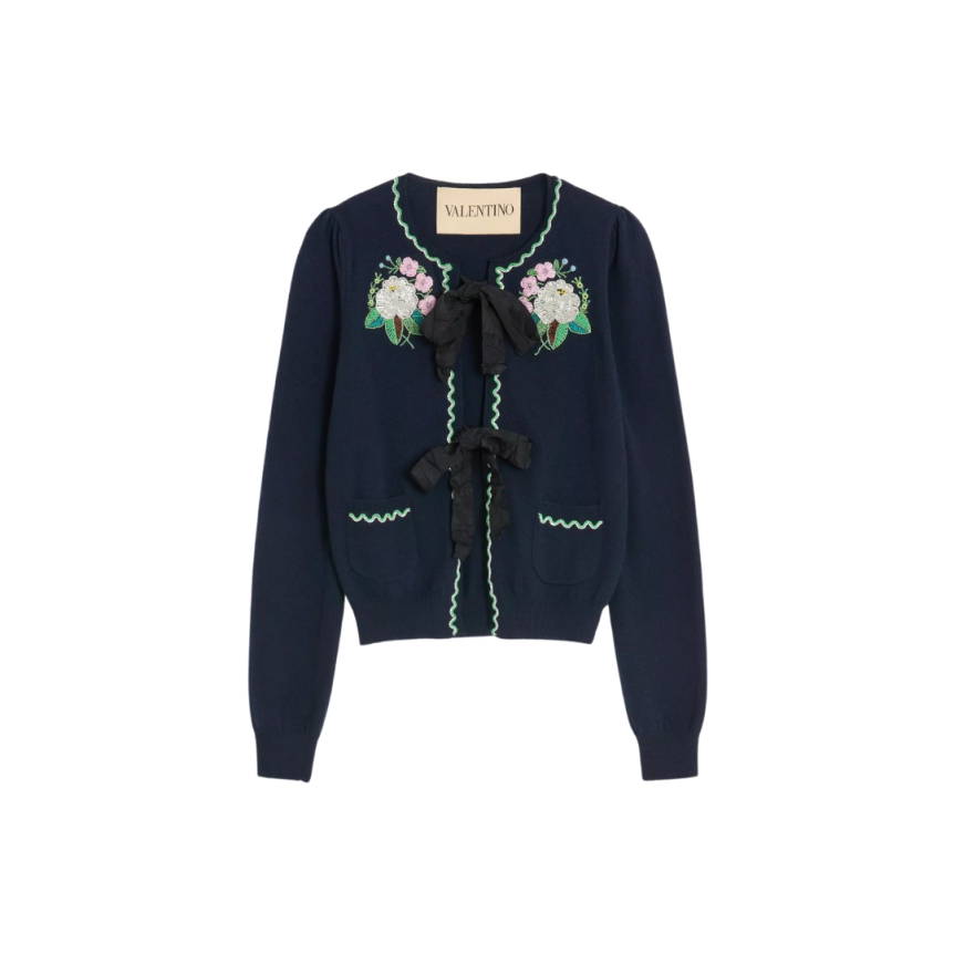 Cardigan VALENTINO col rond nœud laine bleu marine broderie fleurs