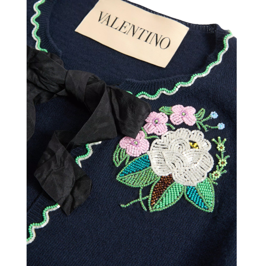 Cardigan VALENTINO col rond nœud laine bleu marine broderie fleurs