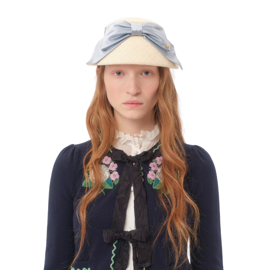 Cardigan VALENTINO col rond nœud laine bleu marine broderie fleurs