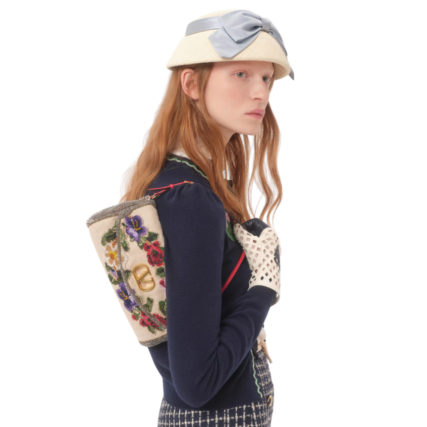 Cardigan VALENTINO col rond nœud laine bleu marine broderie fleurs