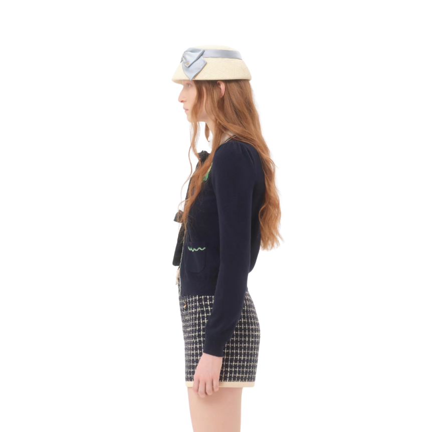 Cardigan VALENTINO col rond nœud laine bleu marine broderie fleurs