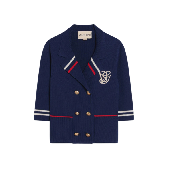 Pull manche courte VALENTINO croisé bleu marine marin rouge bouton doré