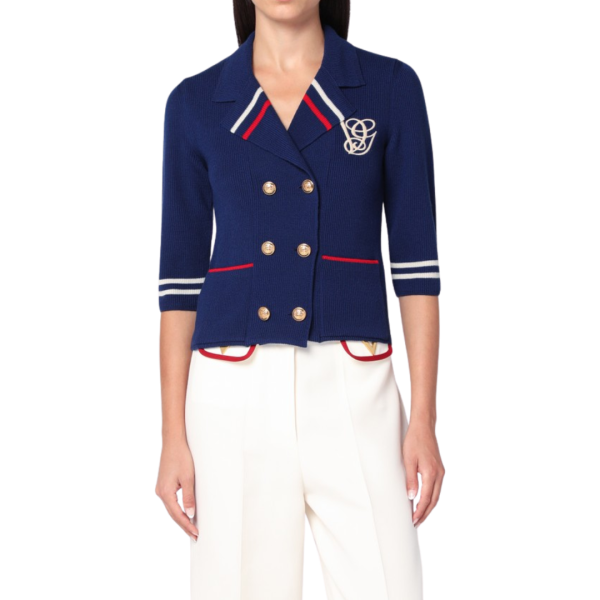 Pull manche courte VALENTINO croisé bleu marine marin rouge bouton doré