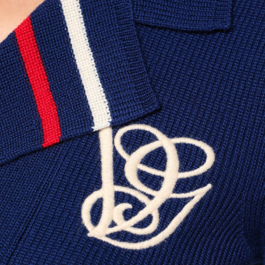 Pull manche courte VALENTINO croisé bleu marine marin rouge bouton doré