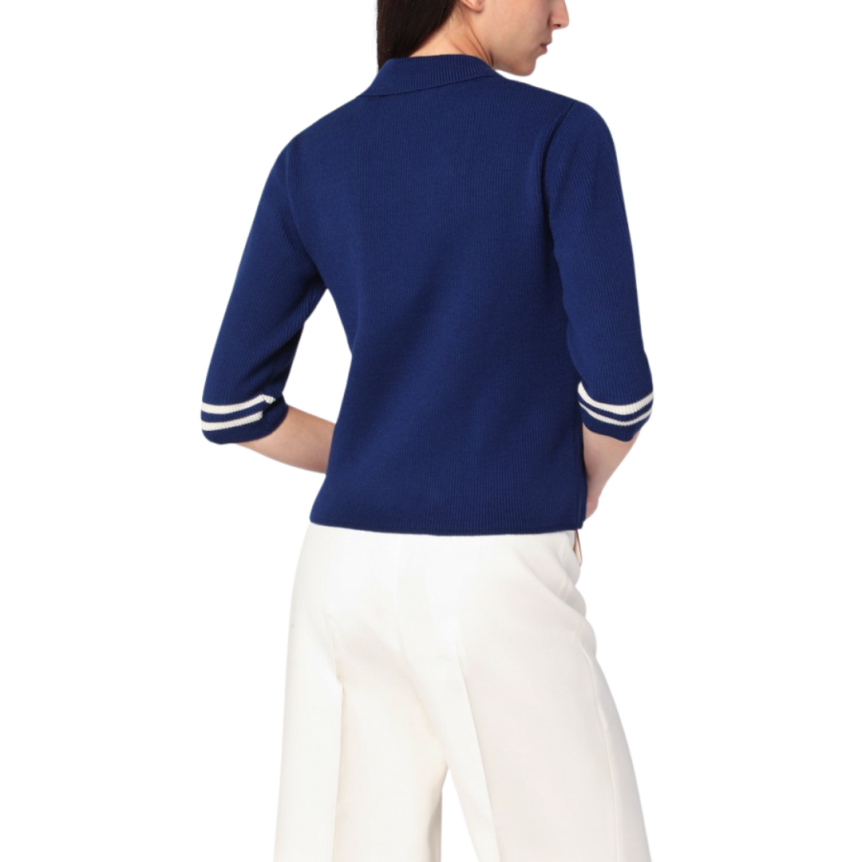 Pull manche courte VALENTINO croisé bleu marine marin rouge bouton doré