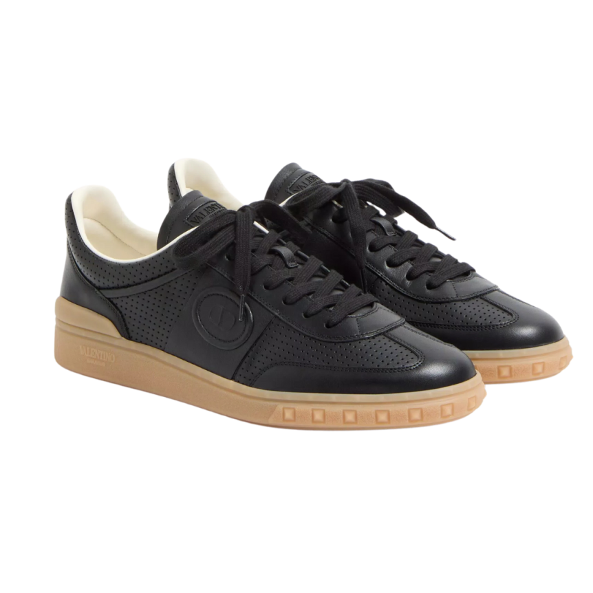 Basket basse VALENTINO Upvillage cuir veau nappa perforé noir semelle camel