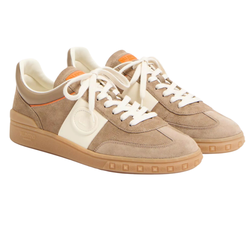 Baskets basses VALENTINO Upvillage croûte cuir nappa veau beige bande blanche