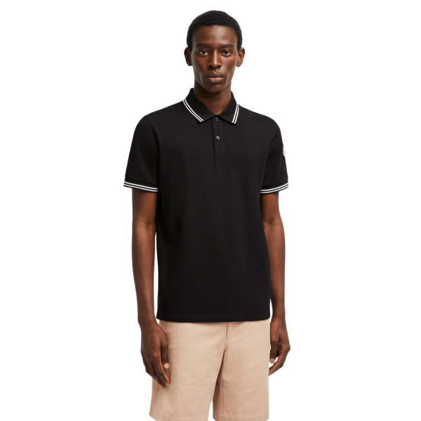 Polo manche courte MONCLER piqué coton noir col rayé blanc