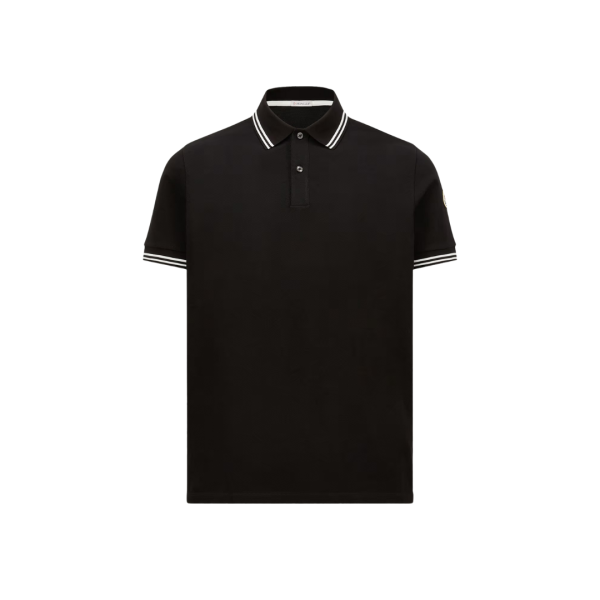 Polo manche courte MONCLER piqué coton noir col rayé blanc